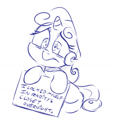 Size: 1280x1399 | Tagged: safe, artist:dilarus, deleted from derpibooru, imported from derpibooru, sweetie belle, unicorn, looking at you, monochrome, pony shaming, sad, sign, simple background, sketch, solo, sweetie fail, white background