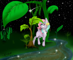 Size: 1024x853 | Tagged: dead source, safe, artist:themagicfantasy, imported from derpibooru, oc, oc only, oc:pixie belle, deer, pony, giant plant, plant, solo, starry night, stars