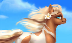 Size: 1024x614 | Tagged: safe, artist:purpletigra, imported from derpibooru, oc, oc only, oc:keana, earth pony, pony, coat markings, female, flower, flower in hair, mare, no pupils, pinto, sky, smiling, solo, windswept mane