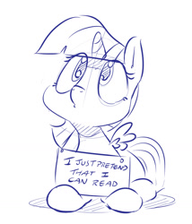 Size: 1280x1496 | Tagged: safe, artist:dilarus, deleted from derpibooru, imported from derpibooru, twilight sparkle, alicorn, pony, looking up, monochrome, prone, shaming, sign, simple background, sketch, solo, spread wings, twilight sparkle (alicorn), white background