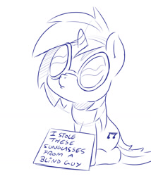 Size: 1280x1496 | Tagged: safe, artist:dilarus, deleted from derpibooru, imported from derpibooru, dj pon-3, vinyl scratch, monochrome, pony shaming, shaming, sign, simple background, sitting, sketch, solo, stealing, white background