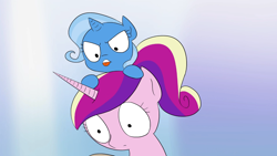 Size: 1366x768 | Tagged: safe, artist:doublewbrothers, imported from derpibooru, screencap, princess cadance, trixie, pony, animated at source, duo, filly, gradient background, teen princess cadance, thought crimes, tongue out