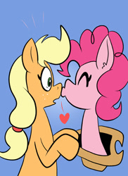 Size: 576x792 | Tagged: safe, artist:pembroke, imported from derpibooru, applejack, pinkie pie, applepie, female, heart, kissing, lesbian, pinkie being pinkie, shipping, surprise kiss