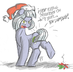 Size: 2792x2782 | Tagged: safe, artist:flutterthrash, imported from derpibooru, limestone pie, earth pony, pony, angry, butt, christmas, dialogue, female, hat, mare, mistletoe, mistletoe abuse, open mouth, plot, raised leg, santa hat, simple background, solo, underhoof, vulgar, white background, yelling