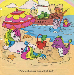 Size: 701x706 | Tagged: safe, imported from derpibooru, parasol (g1), sea star, spike, splasher, sea pony, beach, bow, bucket, butt, caption, draw me like one of your french girls, g1, looking at you, out of context, plot, pony feathers, sandcastle, ship, ship of adventure, spade, spike and the snorkelgrouts, tail bow, umbrella