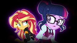 Size: 1280x720 | Tagged: safe, edit, imported from derpibooru, screencap, sci-twi, sunset shimmer, twilight sparkle, equestria girls, friendship games, friendship games song, smirk