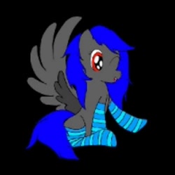 Size: 500x498 | Tagged: artist needed, source needed, safe, imported from derpibooru, oc, oc only, oc:dream wish, pegasus, pony, black background, blue, bold and brash, clothes, ear, edgy, female, gray, hair, mane, mare, muzzle, needs more jpeg, no you, one eye closed, open mouth, raised hoof, red, simple background, socks, solo, spread wings, striped socks, tail, wink