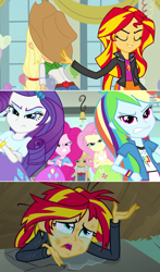 Size: 1200x2035 | Tagged: safe, edit, edited screencap, imported from derpibooru, screencap, applejack, fluttershy, pinkie pie, rainbow dash, rarity, sunset shimmer, equestria girls, comic, crying, female, humane five, revenge, screencap comic, sunsad shimmer