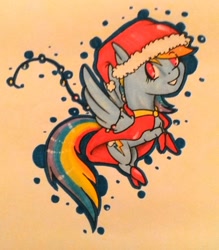 Size: 1024x1171 | Tagged: safe, artist:oneiria-fylakas, imported from derpibooru, rainbow dash, pony, chibi, christmas, female, hat, santa hat, solo, traditional art