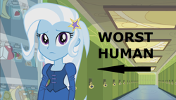 Size: 1264x720 | Tagged: safe, edit, edited screencap, imported from derpibooru, screencap, trixie, equestria girls, downvote bait, fall formal outfits, female, op is a duck, op is trying to start shit, opinion, solo, worst human, worst pony