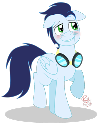 Size: 1138x1448 | Tagged: safe, artist:hufflepuffrave, imported from derpibooru, soarin', pony, blushing, drunk, floppy ears, goggles, male, raised hoof, simple background, solo, transparent background