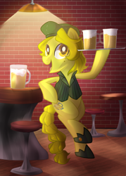 Size: 1500x2100 | Tagged: safe, artist:drawntildawn, imported from derpibooru, oc, oc only, oc:marigold, pony, bipedal, bipedal leaning, clothes, drink, leaning, solo, vest