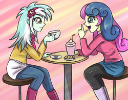 Size: 3507x2747 | Tagged: safe, artist:sumin6301, imported from derpibooru, bon bon, lyra heartstrings, sweetie drops, equestria girls, adorabon, clothes, coffee, cookie, cup, cute, female, food, lesbian, looking at each other, lyrabetes, lyrabon, milkshake, open mouth, pants, plate, scarf, shake, shipping, sitting, smiling, straw, sweater, table