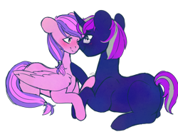 Size: 1300x1000 | Tagged: safe, artist:cinnamonsparx, imported from derpibooru, oc, oc only, oc:apath, oc:moonlight blossom, pegasus, pony, unicorn, apassom, female, male, mare, prone, stallion