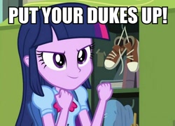 Size: 800x576 | Tagged: safe, edit, edited screencap, imported from derpibooru, screencap, twilight sparkle, equestria girls, >:), female, image macro, locker, lockers, meme, shoes, smiling, sneakers, solo