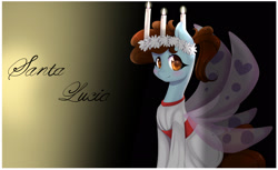 Size: 2300x1408 | Tagged: safe, artist:clefficia, imported from derpibooru, pony, candle, catholicism, christianity, clothes, female, floral head wreath, flower, glimmer wings, looking at you, mare, name, ponified, saint lucy, saint lucy's day, solo, three quarter view, wreath