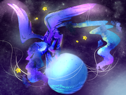 Size: 2568x1934 | Tagged: safe, artist:xkittyblue, imported from derpibooru, princess luna, pony, female, glowing wings, horn jewelry, jewelry, moon, solo, space, stars