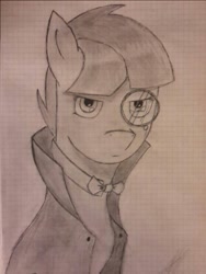 Size: 557x741 | Tagged: safe, artist:lxden, imported from derpibooru, oc, oc only, oc:tau, pony, bowtie, cloak, clothes, daughter, gentlepony, graph paper, implied pegasus, monochrome, monocle, russia, solo, traditional art