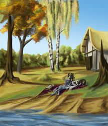 Size: 3307x3845 | Tagged: safe, artist:kirillk, imported from derpibooru, oc, oc only, autumn, basket, picnic, river, scenery, tree