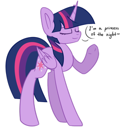 Size: 1024x1053 | Tagged: safe, artist:despotshy, imported from derpibooru, twilight sparkle, alicorn, pony, dialogue, eyes closed, female, lies, princess of the night, raised hoof, simple background, smug, solo, transparent background, twilight sparkle (alicorn), underhoof