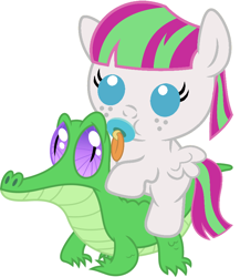 Size: 786x907 | Tagged: safe, artist:red4567, imported from derpibooru, blossomforth, gummy, pony, adoraforth, baby, baby pony, blossomforth riding gummy, cute, pacifier, ponies riding gators, riding