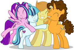 Size: 7000x4763 | Tagged: safe, artist:limedazzle, artist:vaniaeditors, edit, imported from derpibooru, vector edit, aria blaze, braeburn, cheese sandwich, sonata dusk, earth pony, pegasus, pony, unicorn, equestria girls, ^^, absurd resolution, alternate equal four, alternate universe, equestria girls ponified, eyes closed, female, happy, hug, male, mare, ponified, show accurate, simple background, smiling, stallion, transparent background, vector