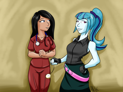 Size: 1500x1125 | Tagged: safe, artist:bastianmage, imported from derpibooru, sonata dusk, oc, oc:fanta, equestria girls, clothes, nurse, sleeveless, stethoscope, watch