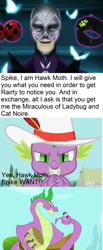 Size: 1545x3736 | Tagged: safe, edit, edited screencap, imported from derpibooru, screencap, rarity, spike, dragon, human, pony, unicorn, secret of my excess, akumatized, comic, crossover, dialogue, female, hawk moth, male, mare, miraculous ladybug, screencap comic, spikezilla, tail hold