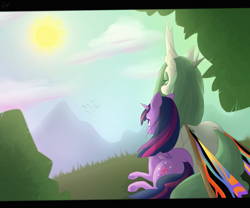 Size: 3000x2500 | Tagged: safe, artist:kyuuno-chan, imported from derpibooru, twilight sparkle, alicorn, changeling, changeling queen, kaiju pony, pony, fanfic:the bridge, butterfly wings, changelingified, commission, crossover, duo, female, mare, mothra lea, ponified, prone, shipping, species swap, twilight sparkle (alicorn)