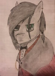 Size: 501x691 | Tagged: safe, artist:lxden, imported from derpibooru, oc, oc only, oc:hell fire, pony, bowtie, brother, cloak, clothes, ear piercing, earring, gentlepony, graph paper, green eyes, jewelry, piercing, russia, solo, traditional art