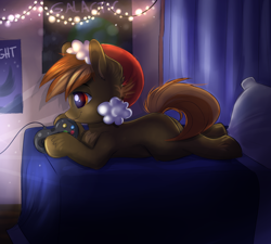 Size: 2000x1800 | Tagged: safe, artist:confetticakez, imported from derpibooru, button mash, pony, bed, christmas lights, controller, hat, male, poster, santa hat, solo, video game