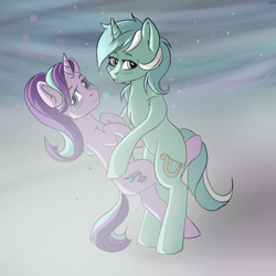 Size: 1000x1000 | Tagged: safe, artist:chickenbrony, artist:cottonaime, imported from derpibooru, lyra heartstrings, starlight glimmer, pony, unicorn, bipedal, blushing, chest fluff, colored, crack shipping, cute, female, glimmerbetes, hug, lesbian, looking at you, lyrabetes, mare, shipping, simple background, smiling, standing, starlyra