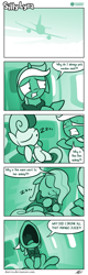 Size: 627x1958 | Tagged: safe, artist:dori-to, imported from derpibooru, bon bon, lyra heartstrings, sweetie drops, earth pony, pony, unicorn, comic:silly lyra, clothes, cloud, cloudy, comic, desperation, dialogue, eyes closed, female, floppy ears, greenscale, hoodie, mare, monochrome, need to pee, omorashi, open mouth, plane, plushie, potty emergency, potty time, silly lyra, sleeping, smiling, yelling, zzz