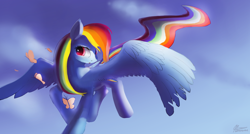 Size: 4400x2350 | Tagged: safe, artist:auroriia, imported from derpibooru, rainbow dash, butterfly, pony, absurd resolution, female, flying, large wings, solo, wings