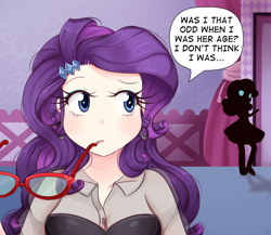 Size: 1150x1000 | Tagged: safe, artist:lucy-tan, imported from derpibooru, rarity, sweetie belle, human, spoiler:comic, spoiler:comic01, ..., carousel boutique, clothes, glasses, humanized, mouth hold, scene interpretation, silhouette, sisters, thought bubble