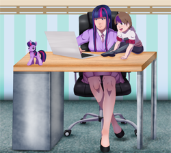 Size: 2206x1978 | Tagged: safe, artist:jeyrablue, imported from derpibooru, twilight sparkle, oc, oc:ben parker sparkle, human, chair, clothes, commission, computer, crossover, desk, doll, high heels, humanized, laptop computer, mother and son, office chair, offspring, parent:peter parker, parent:twilight sparkle, parents:spidertwi, shoes, skirt, spiders and magic: rise of spider-mane, swivel chair, toy