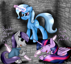 Size: 5385x4818 | Tagged: safe, artist:moonlight0shadow0, imported from derpibooru, boulder (pet), maud pie, trixie, twilight sparkle, alicorn, earth pony, pony, unicorn, absurd resolution, boulder (g4), chained, chains, dialogue, dungeon, eyes closed, feather, female, fetish, lesbian, levitation, magic, mauxie, open mouth, raised hoof, shipping, sitting, smiling, spread wings, telekinesis, tickle fetish, tickle torture, tickling, twilight sparkle (alicorn), twixie