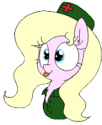 Size: 224x273 | Tagged: safe, artist:wafflecakes, imported from derpibooru, oc, oc only, oc:nurse bonesaw, pony, :p, animated, bust, chest fluff, clothes, fluffle puffing, gif, hat, mlem, raspberry, simple background, smiling, solo, tongue out, transparent background