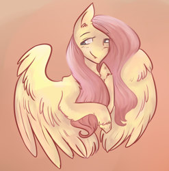 Size: 1280x1293 | Tagged: safe, artist:aude-okami, imported from derpibooru, fluttershy, pony, blushing, female, hoof on chin, looking away, simple background, smiling, solo, spread wings, unshorn fetlocks