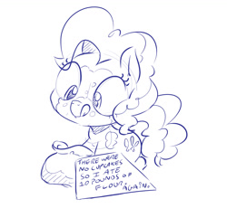 Size: 1280x1236 | Tagged: safe, artist:dilarus, deleted from derpibooru, imported from derpibooru, pinkie pie, flour, messy, monochrome, pony shaming, sack, sign, simple background, sketch, smiling, solo, tongue out, white background