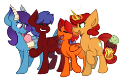 Size: 1024x687 | Tagged: safe, artist:crownedspade, imported from derpibooru, oc, oc only, oc:goldenfox, oc:keyframe, oc:solar flare, dracony, hybrid, pegasus, pony, unicorn, female, food, goldenkey, ice cream, magic, mare