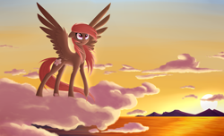 Size: 3900x2365 | Tagged: safe, artist:alphaaquilae, imported from derpibooru, oc, oc only, oc:terra blossom, pegasus, pony, cloud, female, mare, on a cloud, solo, standing on a cloud, sun, sunrise