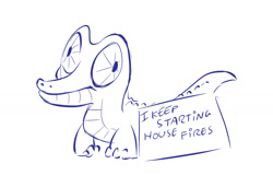 Size: 1280x875 | Tagged: safe, artist:dilarus, deleted from derpibooru, imported from derpibooru, gummy, monochrome, pet shaming, pony shaming, shaming, sign, simple background, sketch, solo, white background