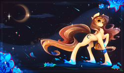 Size: 3400x2000 | Tagged: safe, artist:koveliana, imported from derpibooru, oc, oc only, oc:eliana muse, pony, chest fluff, chromatic aberration, cloud, commission, crescent moon, flower, looking back, night sky, petals, raised hoof, shooting star, solo, sparkles, stars, transparent moon, unshorn fetlocks