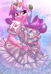 Size: 840x1200 | Tagged: safe, artist:atryl, imported from derpibooru, oc, oc only, oc:ivy lush, anthro, unicorn, anthro oc, big breasts, breasts, clothes, cute, dress, female, mare, patreon, patreon logo, smiling, solo