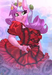 Size: 840x1200 | Tagged: safe, alternate version, artist:atryl, imported from derpibooru, oc, oc only, oc:ivy lush, anthro, unicorn, anthro oc, big breasts, breasts, clothes, cute, dress, female, mare, patreon, patreon logo, smiling, solo