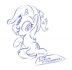 Size: 1280x1247 | Tagged: safe, artist:dilarus, deleted from derpibooru, imported from derpibooru, trixie, pony, unicorn, female, hilarious in hindsight, looking back, mare, monochrome, open mouth, pony shaming, raised hoof, raspberry, sign, simple background, sitting, sketch, smiling, solo, tongue out, trixie's hat, white background