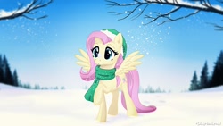 Size: 1920x1080 | Tagged: safe, artist:lilapudelpony, imported from derpibooru, fluttershy, pony, clothes, female, hat, looking at something, raised hoof, scarf, snow, snowflake, solo, spread wings, standing, winter