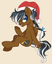 Size: 3303x4061 | Tagged: safe, artist:hawthornss, imported from derpibooru, oc, oc only, oc:mortarboard, pony, absurd resolution, glasses, hair accessory, hat, looking at you, santa hat, simple background, sitting, smiling, solo, underhoof