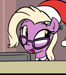 Size: 287x327 | Tagged: safe, artist:shoutingisfun, edit, editor:wenni, imported from derpibooru, grace manewitz, earth pony, pony, christmas, colored, computer, cropped, cute, desk, female, glasses, hat, mare, open mouth, pencil, santa hat, secretary, smiling, solo